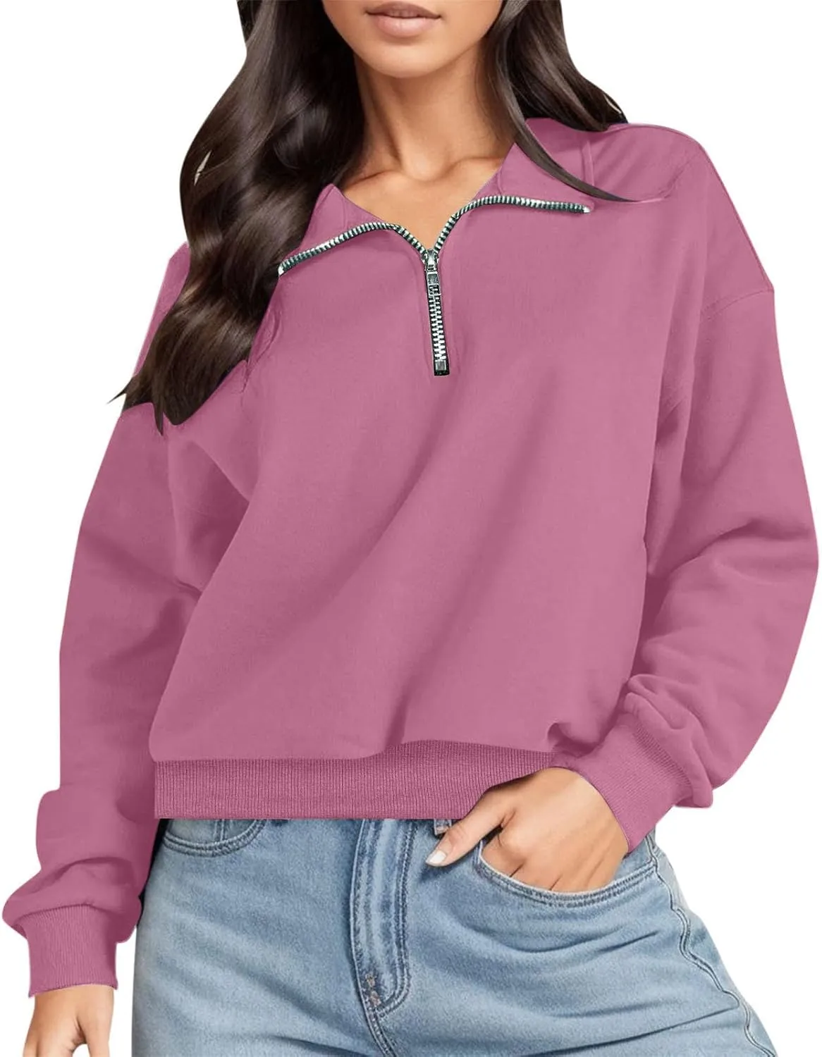 Womens Sweatshirt Cropped Half Zip Pullover Tops Solid Color Lapel Neck Sweatshirs Fleece Fashion Fall Outfits 2024