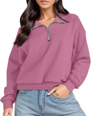 Womens Sweatshirt Cropped Half Zip Pullover Tops Solid Color Lapel Neck Sweatshirs Fleece Fashion Fall Outfits 2024
