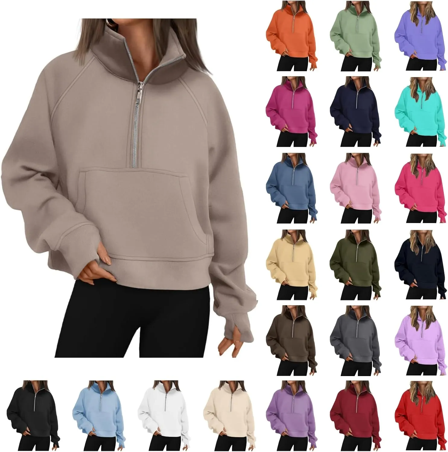 Womens Sweatshirt Half Zip Pullover Fleece Hoodie Quarter Zipper Cropped Sweatshirt Fall Outfits Clothes Thumb Hole