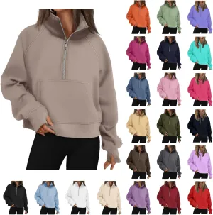 Womens Sweatshirt Half Zip Pullover Fleece Hoodie Quarter Zipper Cropped Sweatshirt Fall Outfits Clothes Thumb Hole