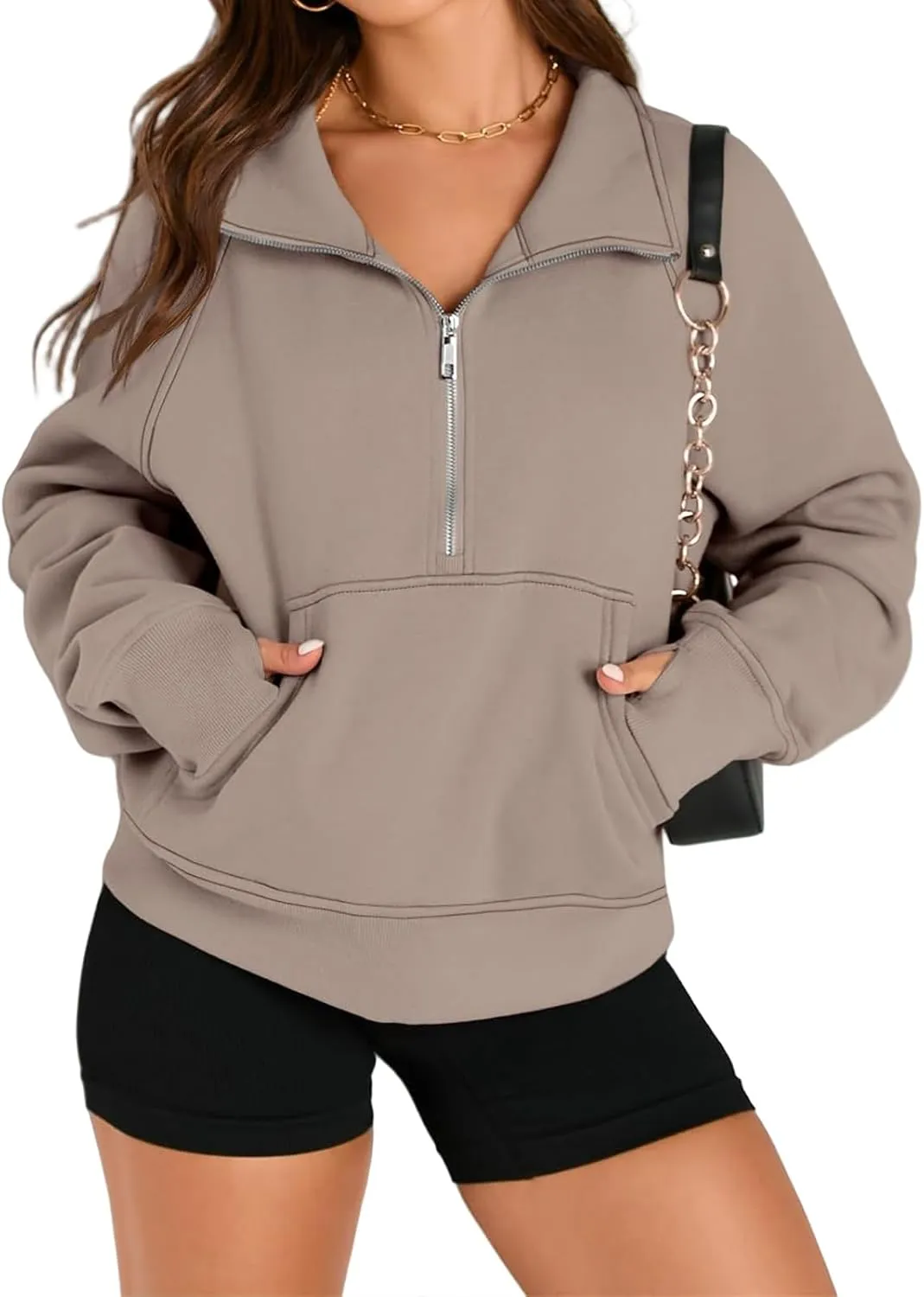 Womens Sweatshirt Half Zip Pullover Fleece Hoodie Quarter Zipper Cropped Sweatshirt Fall Outfits Clothes Thumb Hole