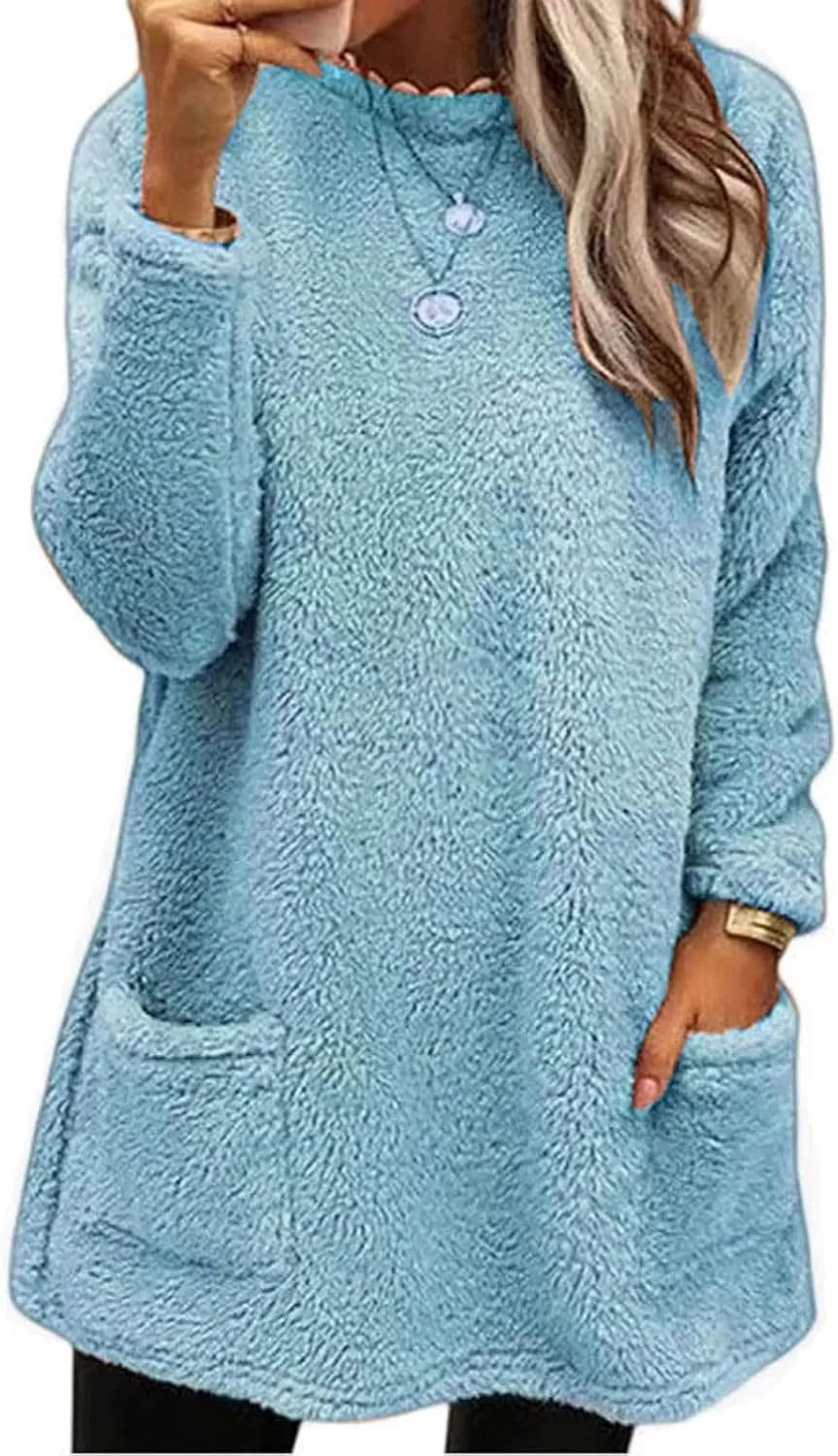 Women's Sweatshirts Fuzzy Fleece hoodie Crew Neck Long Sleeve Sherpa Pullover Tops Warm Soft Winter Fall Blouse