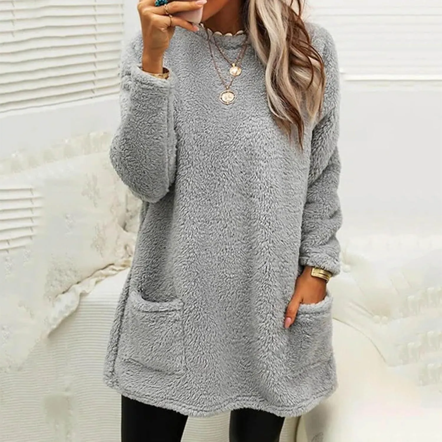 Women's Sweatshirts Fuzzy Fleece hoodie Crew Neck Long Sleeve Sherpa Pullover Tops Warm Soft Winter Fall Blouse