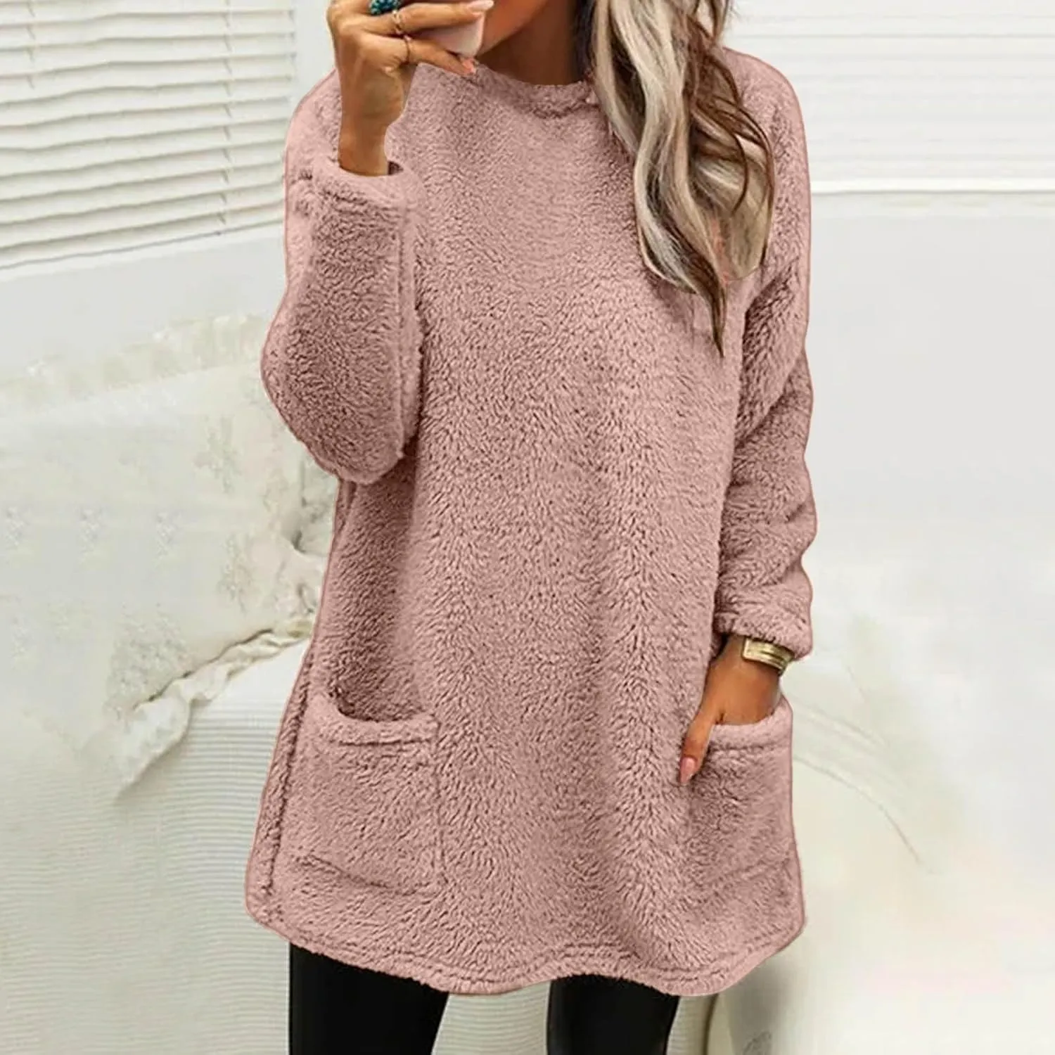 Women's Sweatshirts Fuzzy Fleece hoodie Crew Neck Long Sleeve Sherpa Pullover Tops Warm Soft Winter Fall Blouse