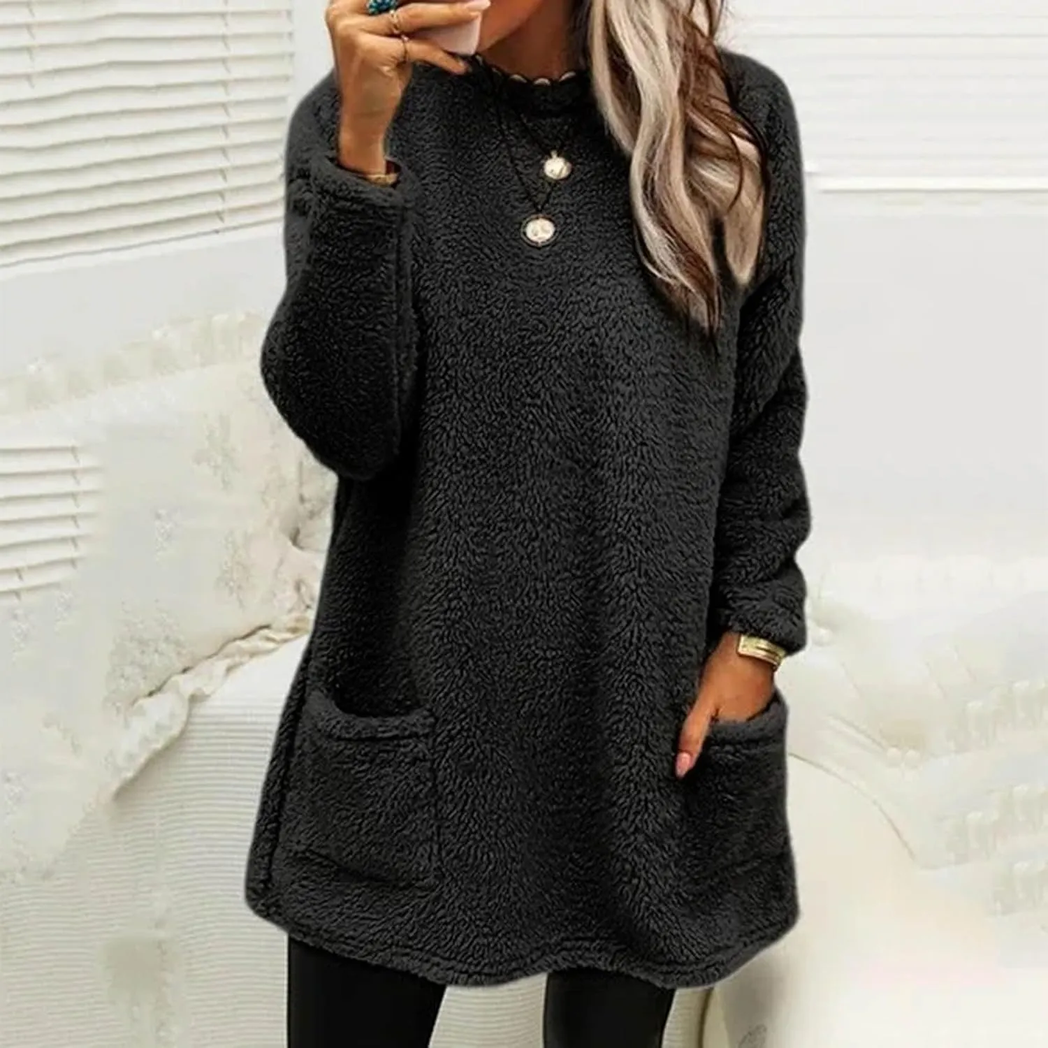 Women's Sweatshirts Fuzzy Fleece hoodie Crew Neck Long Sleeve Sherpa Pullover Tops Warm Soft Winter Fall Blouse