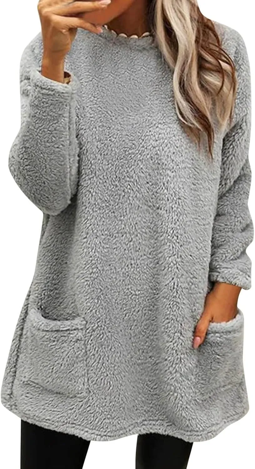 Women's Sweatshirts Fuzzy Fleece hoodie Crew Neck Long Sleeve Sherpa Pullover Tops Warm Soft Winter Fall Blouse