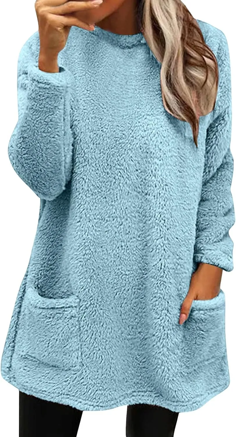 Women's Sweatshirts Fuzzy Fleece hoodie Crew Neck Long Sleeve Sherpa Pullover Tops Warm Soft Winter Fall Blouse