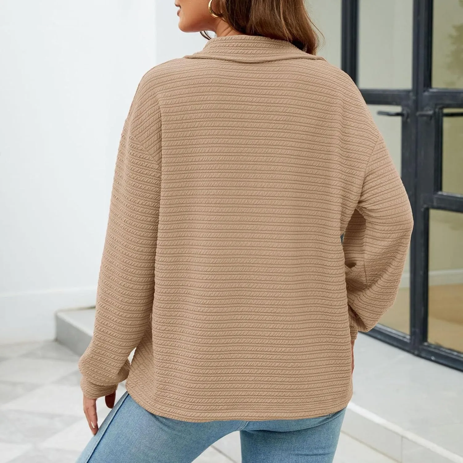 Womens Sweatshirts Half Zip Long Sleeve Sweater Fashion Waffle Plain Warm Tops Fall Trendy Fleece Pullover Top 2024