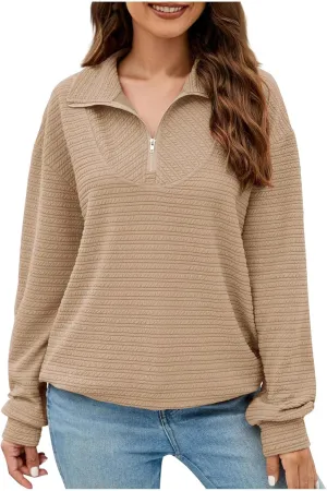 Womens Sweatshirts Half Zip Long Sleeve Sweater Fashion Waffle Plain Warm Tops Fall Trendy Fleece Pullover Top 2024