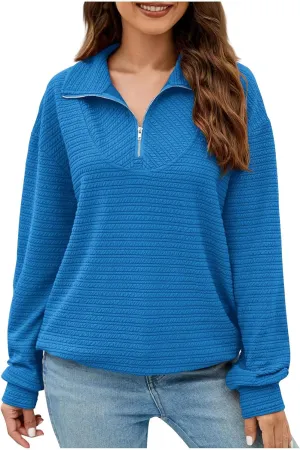 Womens Sweatshirts Half Zip Long Sleeve Sweater Fashion Waffle Plain Warm Tops Fall Trendy Fleece Pullover Top 2024