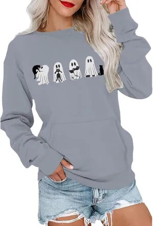 Womens Sweatshirts Halloween Cute Printed Hoodless Round Neck Loose Fit Pullover Hoodies Fall Casual Long Sleeve Tops
