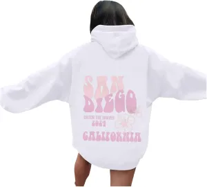 Womens Sweatshirts San Diego California Print Sweatshirt Womens Oversized Hoodies Long Sleeve Tops Pullover Drawstring Fall Y2k Clothes Hoodies for Women White Small