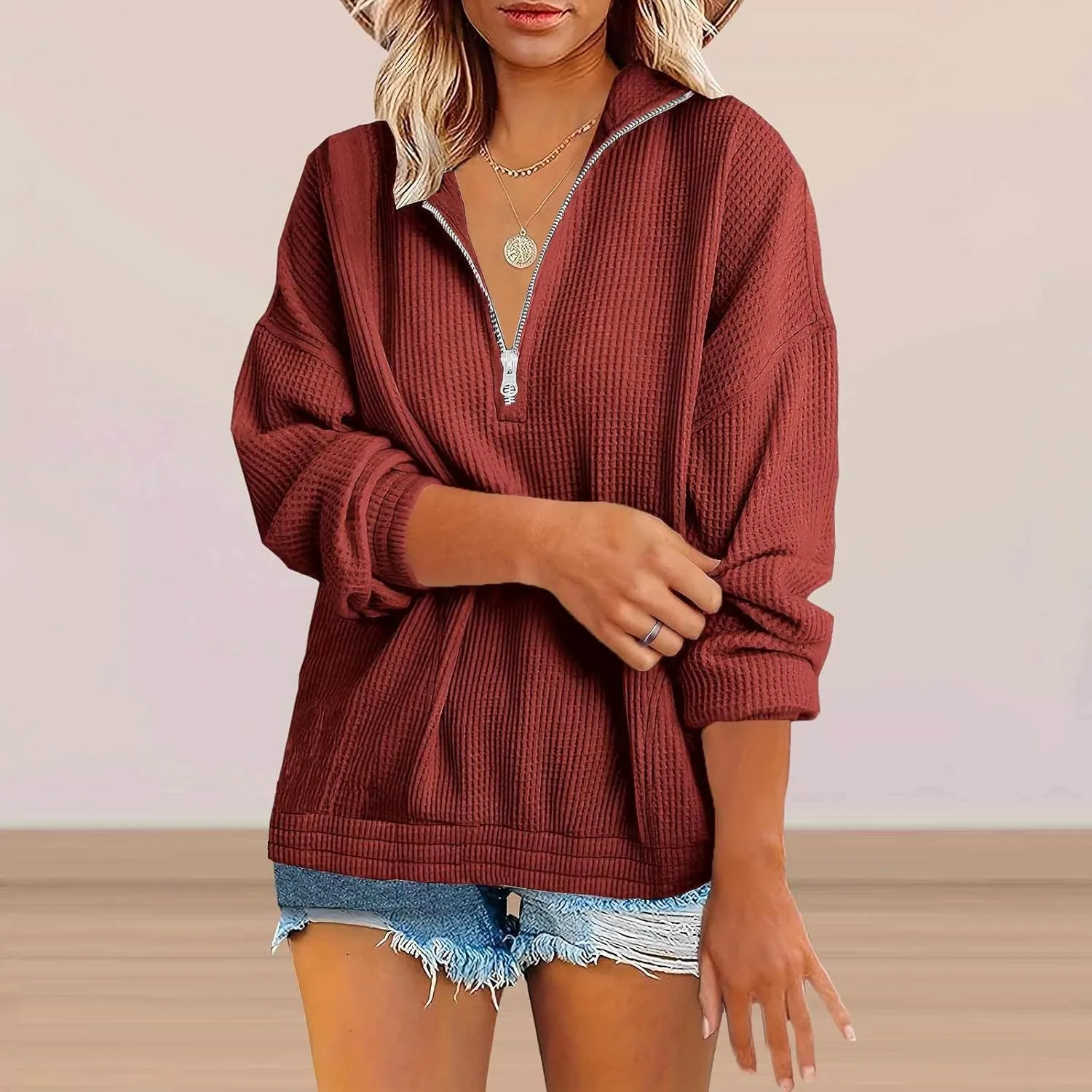 Womens Sweatshirts Waffle Lapel Collar Quarter Zip Up Loose Long Sleeve Lightweight Hoodies Autumn Casual Workout Top