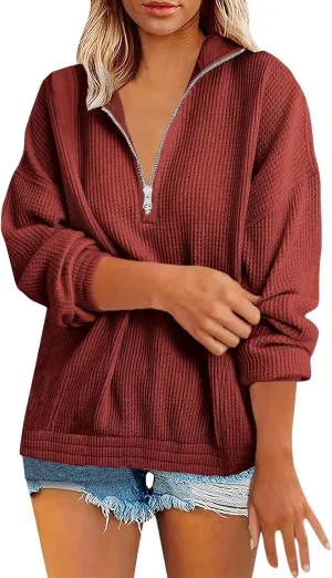 Womens Sweatshirts Waffle Lapel Collar Quarter Zip Up Loose Long Sleeve Lightweight Hoodies Autumn Casual Workout Top
