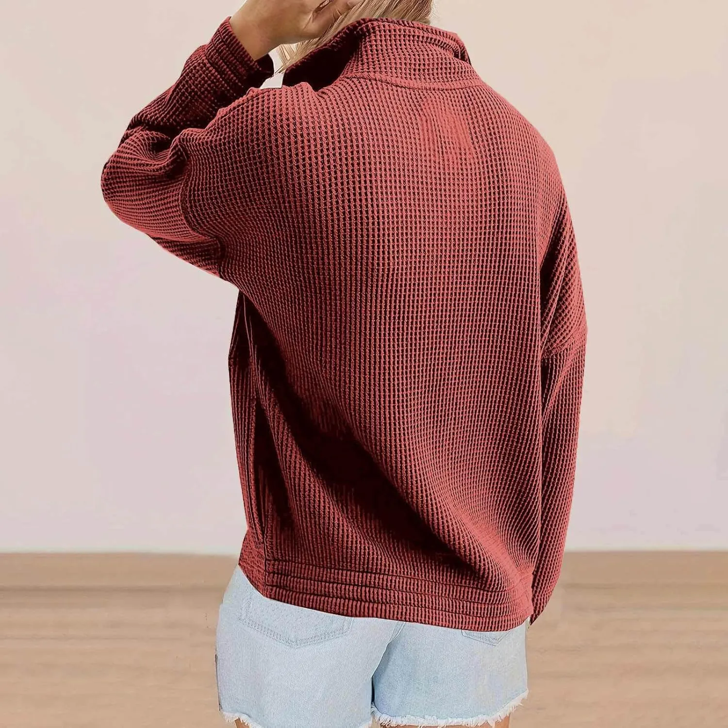 Womens Sweatshirts Waffle Lapel Collar Quarter Zip Up Loose Long Sleeve Lightweight Hoodies Autumn Casual Workout Top