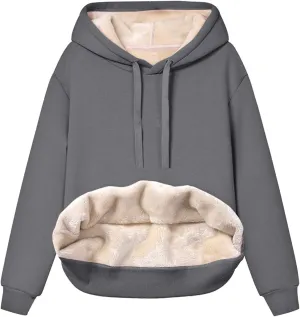 Womens Thick Fleece Hoodies Casual Solid Sweatshirts Comfy Soft Long Sleeve Drawsting Pullover with Pocket 2024 Tops