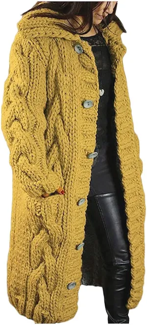 Womens Thick Hooded Sweaters Oversized Open Front Knit Cardigan Coats Button Long Sleeve Cardigans Jacket with Pocket