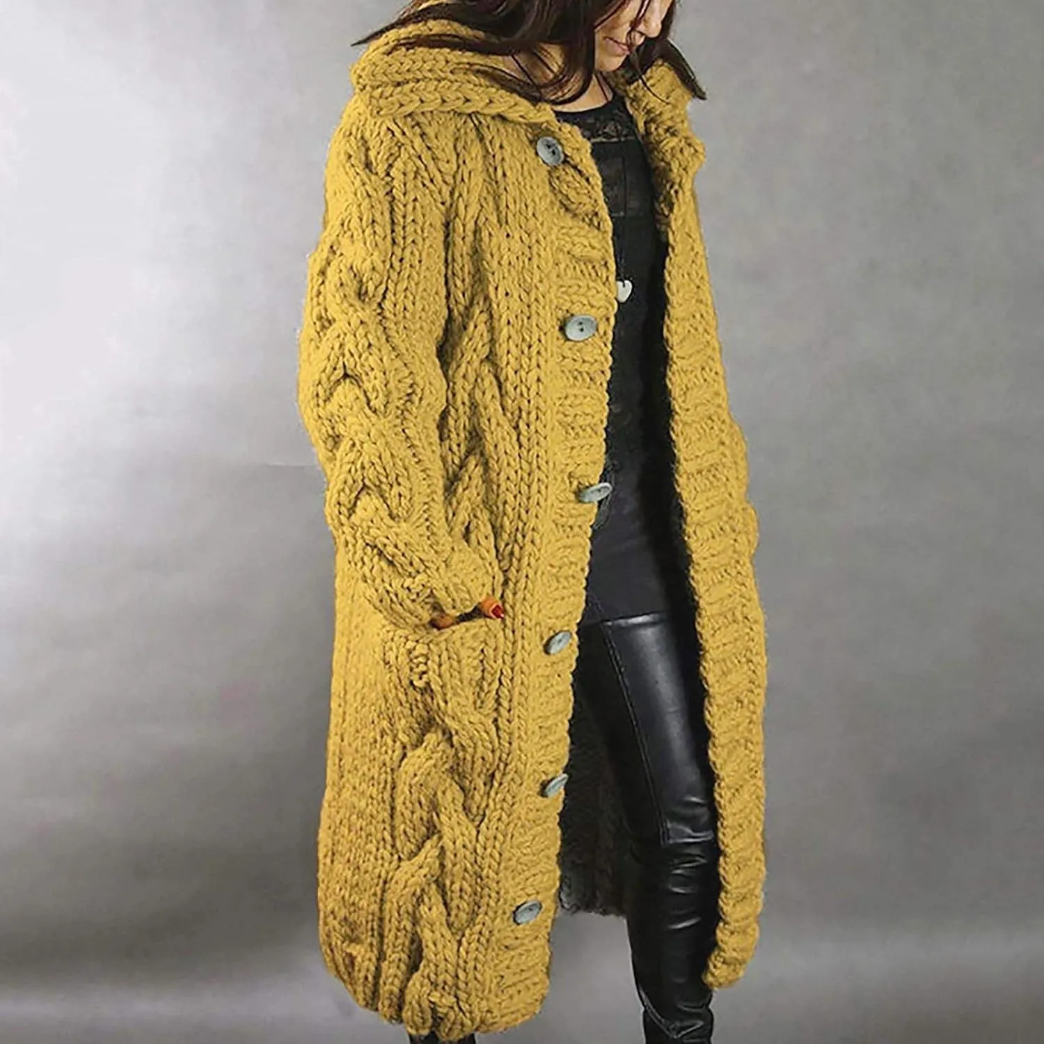 Womens Thick Hooded Sweaters Oversized Open Front Knit Cardigan Coats Button Long Sleeve Cardigans Jacket with Pocket