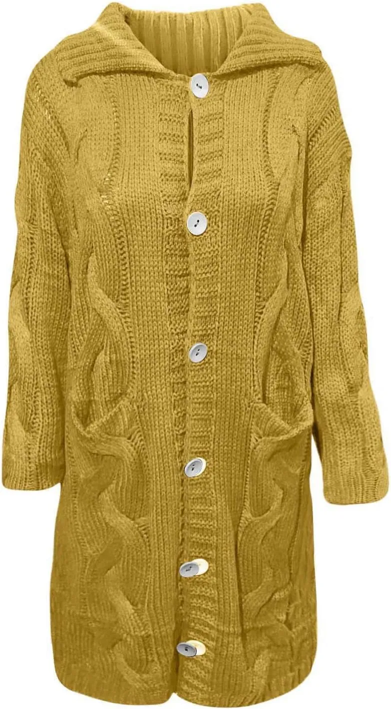 Womens Thick Hooded Sweaters Oversized Open Front Knit Cardigan Coats Button Long Sleeve Cardigans Jacket with Pocket
