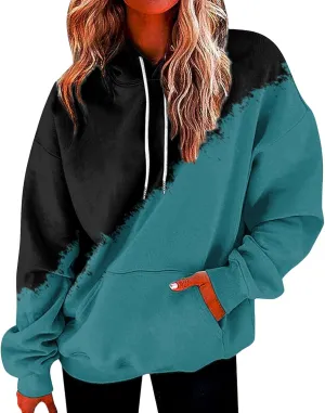 Women's Tie Dye Hoodies Fall Long Sleeve Casual Color Block Oversized Pullover Sweatshirt with Pocket