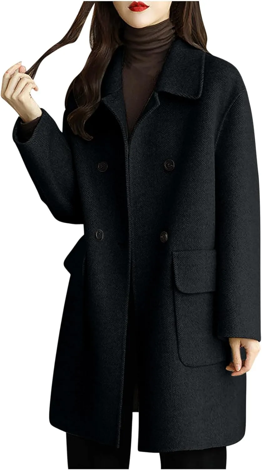 Womens Trench Coat Mid Length Dressy Double Breasted Wool Blend Jacket Solid Color Fall Winter Casual Pocket Pea Coat