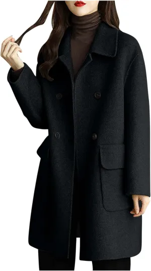Womens Trench Coat Mid Length Dressy Double Breasted Wool Blend Jacket Solid Color Fall Winter Casual Pocket Pea Coat