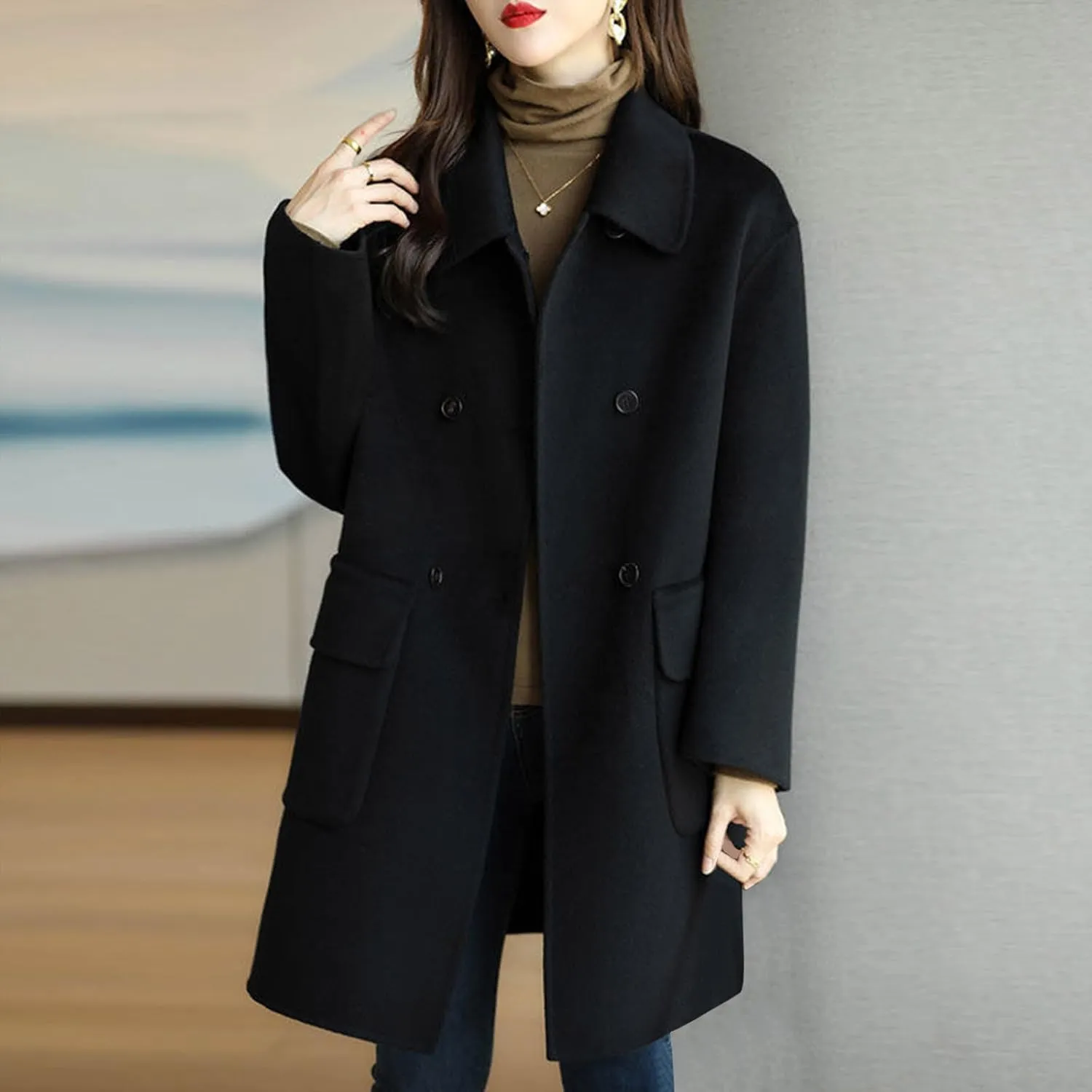 Womens Trench Coat Mid Length Dressy Double Breasted Wool Blend Jacket Solid Color Fall Winter Casual Pocket Pea Coat