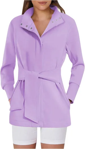 Womens Trench Coat, Mid Long Elegant Outerwear Coats Classic Trendy Overcoats Lapel Winter Solid Jackets with Belt