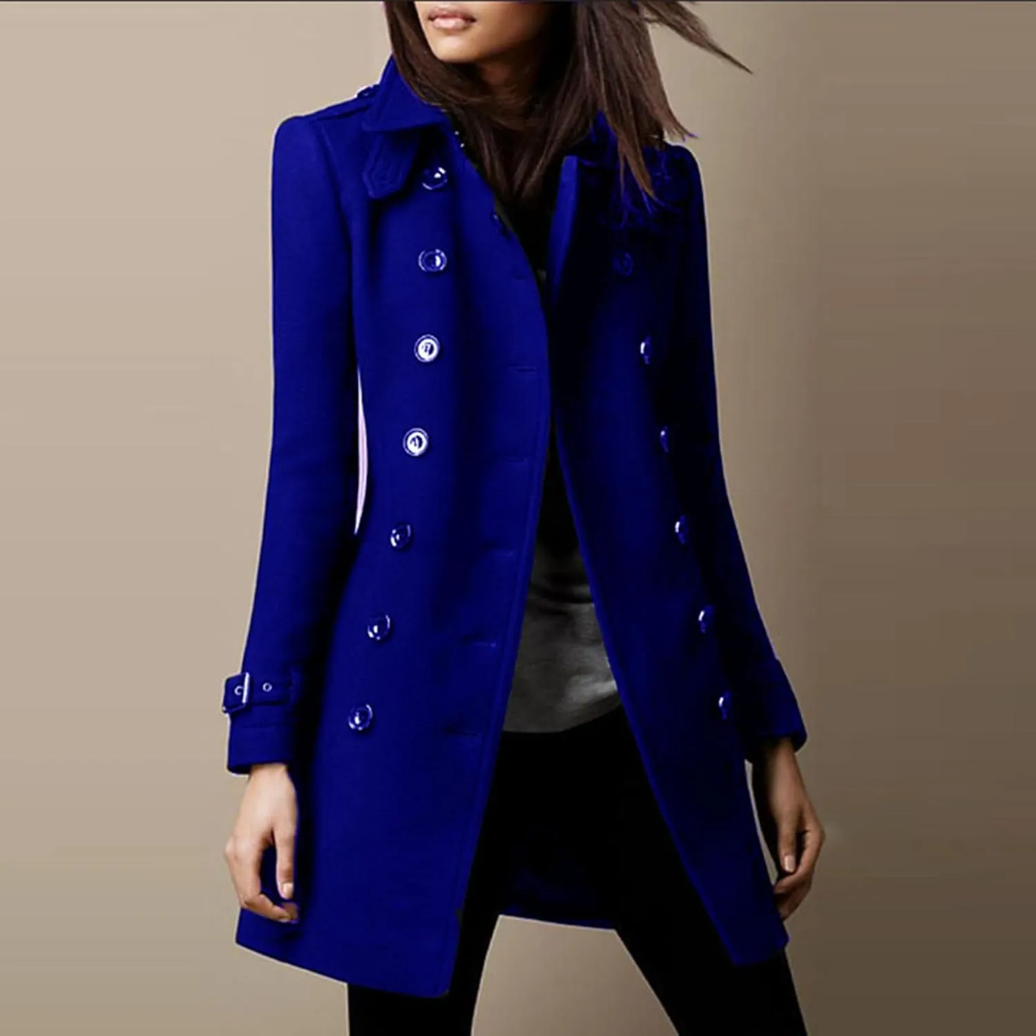 Womens Trench Coat Winter Fashion Double Breasted Wool Coat Elegant Collared Wool Blend Trench Pea Coats