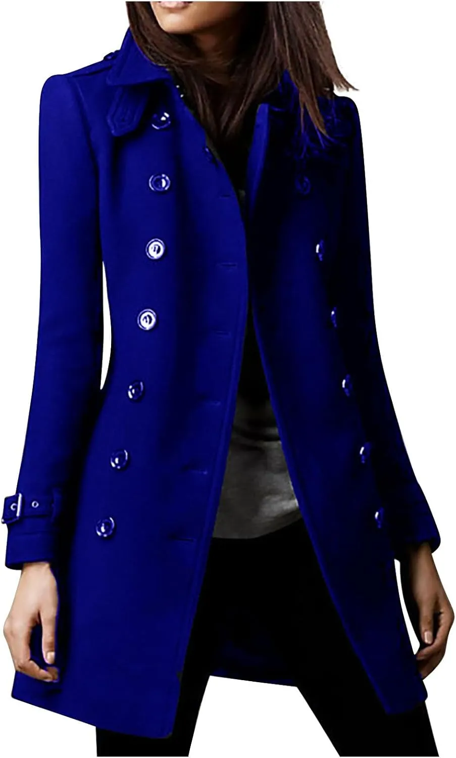 Womens Trench Coat Winter Fashion Double Breasted Wool Coat Elegant Collared Wool Blend Trench Pea Coats