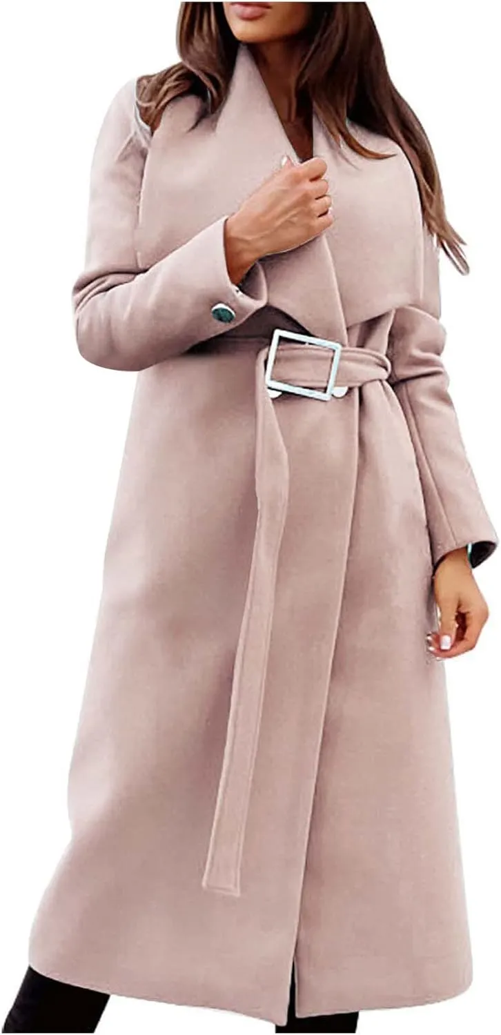 Womens Trench Coat Winter Wool Blend Pea Coat Casual Notched Lapel Collar Overcoat Belted Long Jacket Outerwear