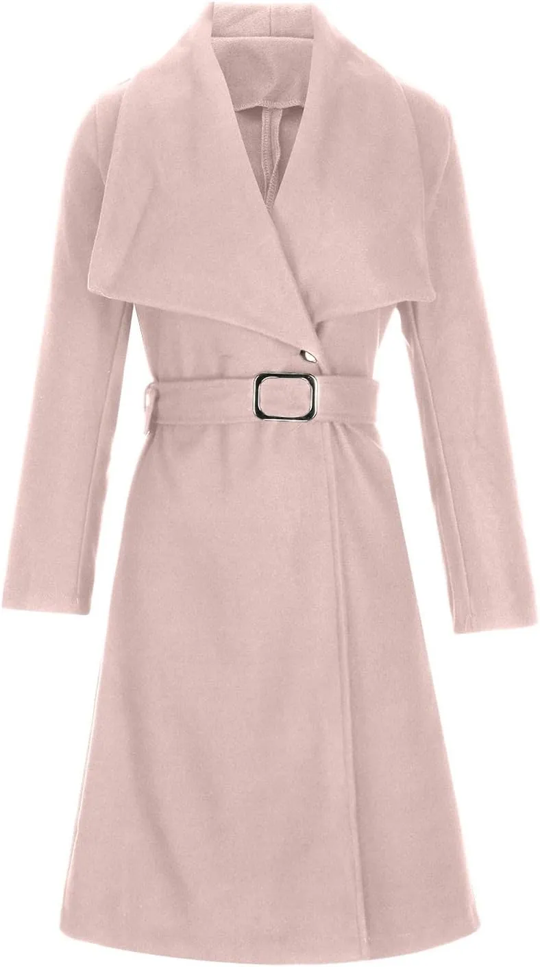 Womens Trench Coat Winter Wool Blend Pea Coat Casual Notched Lapel Collar Overcoat Belted Long Jacket Outerwear