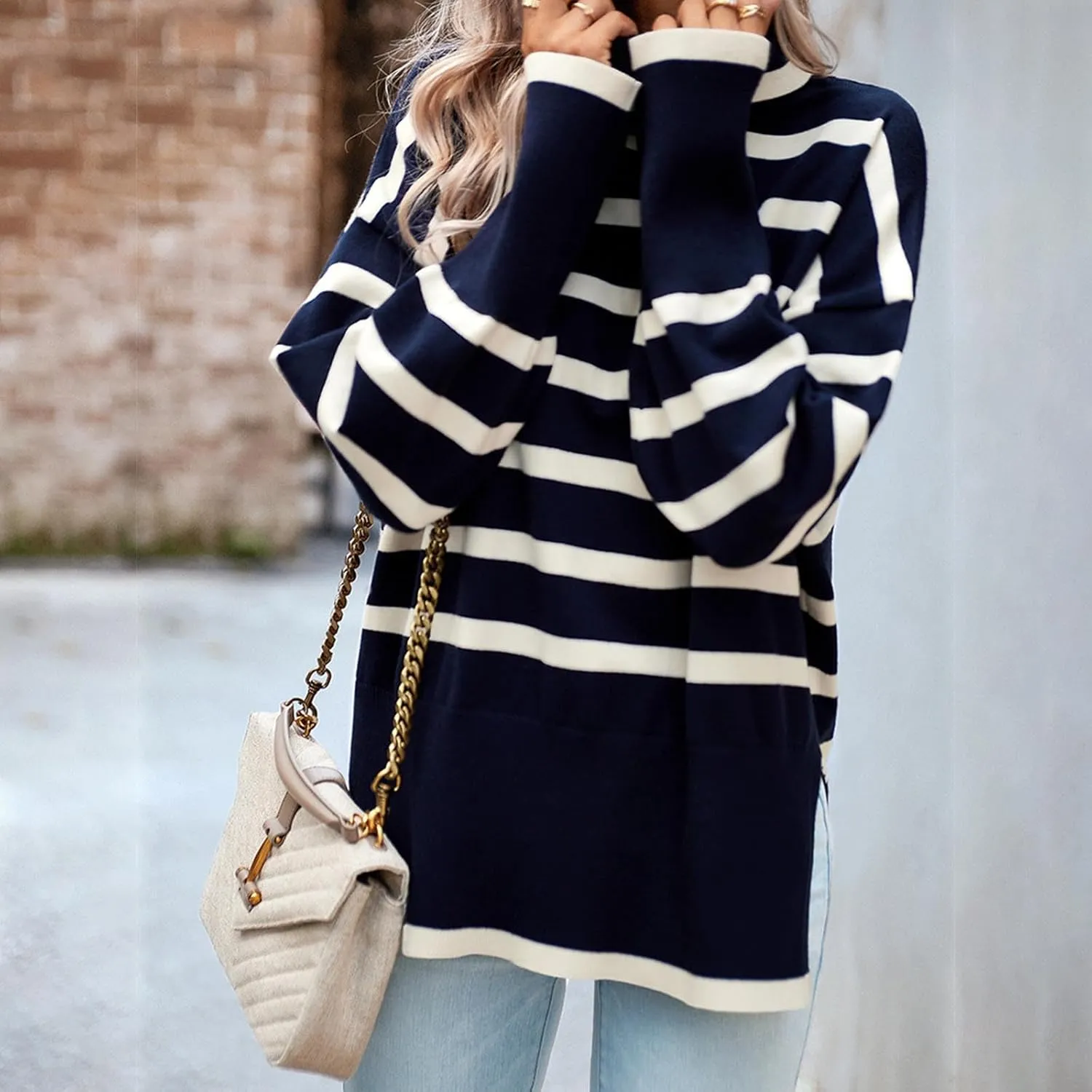 Women's Trendy Fall Winter Striped Long Sleeve Turtleneck Side Slits Sweater Knit Casual Oversized Loose Pullover Tops