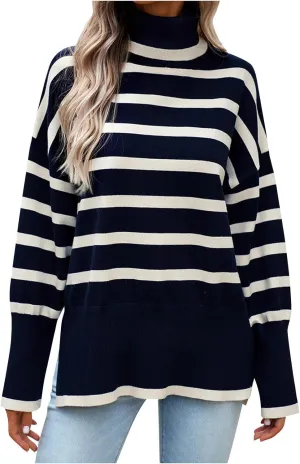 Women's Trendy Fall Winter Striped Long Sleeve Turtleneck Side Slits Sweater Knit Casual Oversized Loose Pullover Tops