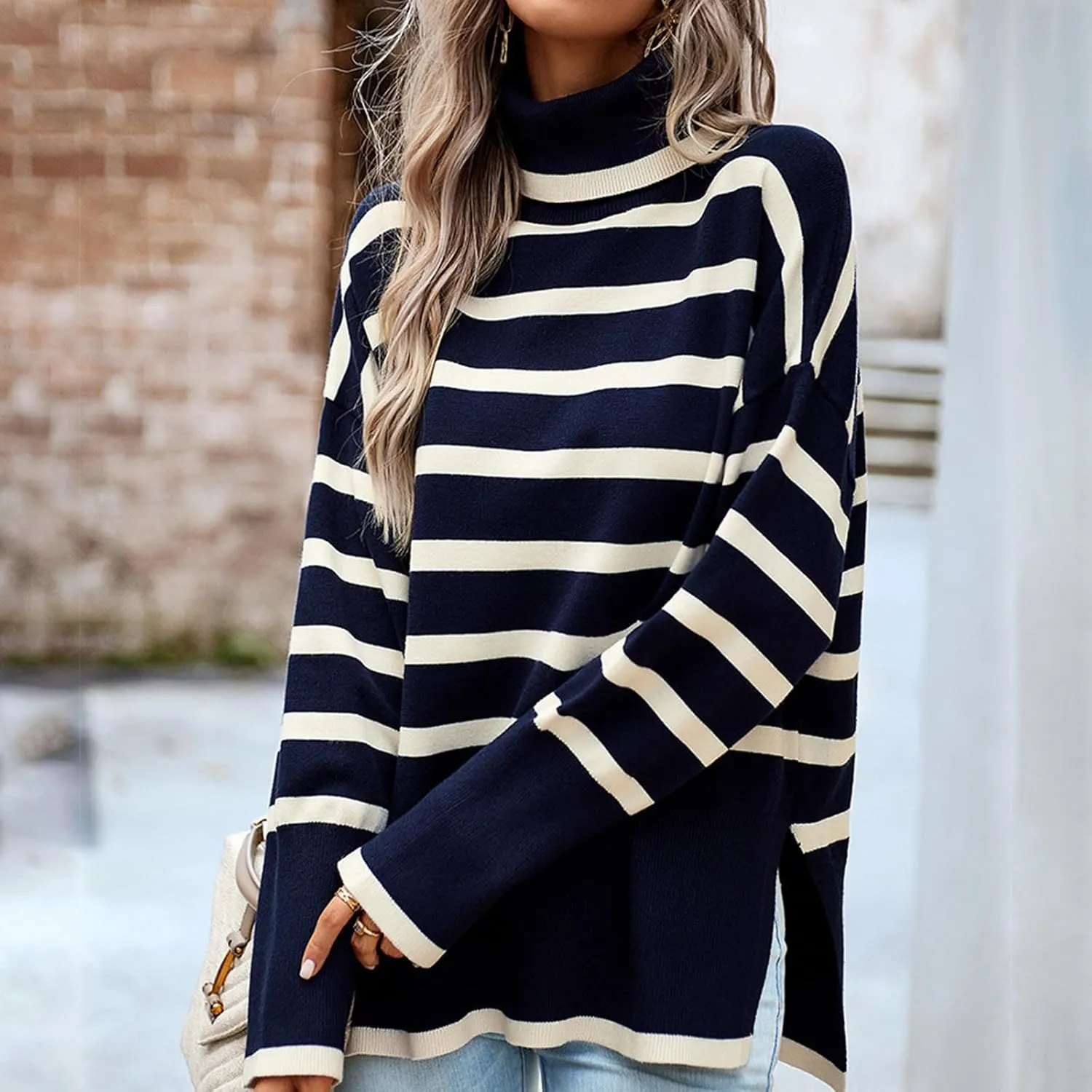 Women's Trendy Fall Winter Striped Long Sleeve Turtleneck Side Slits Sweater Knit Casual Oversized Loose Pullover Tops