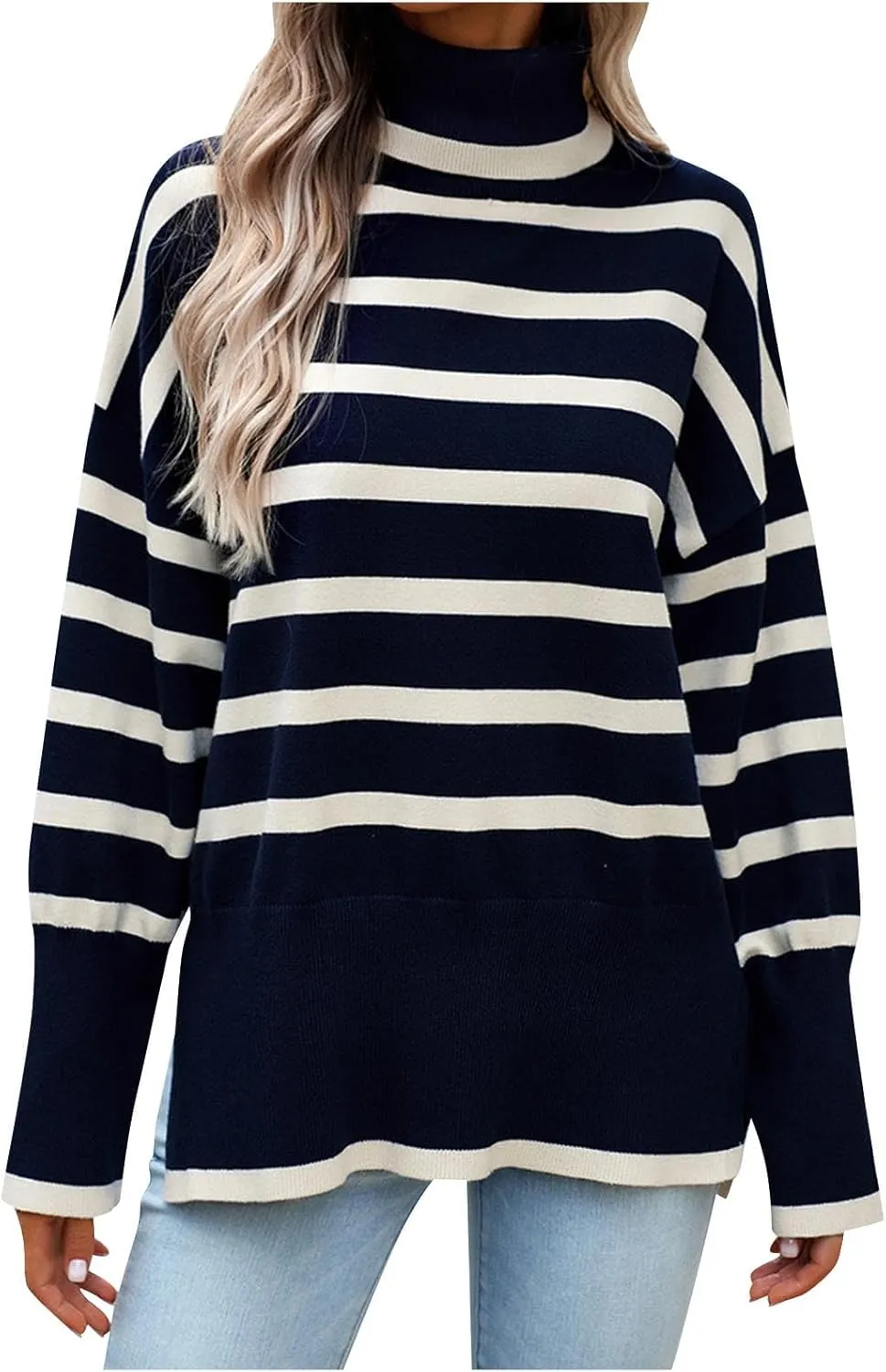 Women's Trendy Fall Winter Striped Long Sleeve Turtleneck Side Slits Sweater Knit Casual Oversized Loose Pullover Tops
