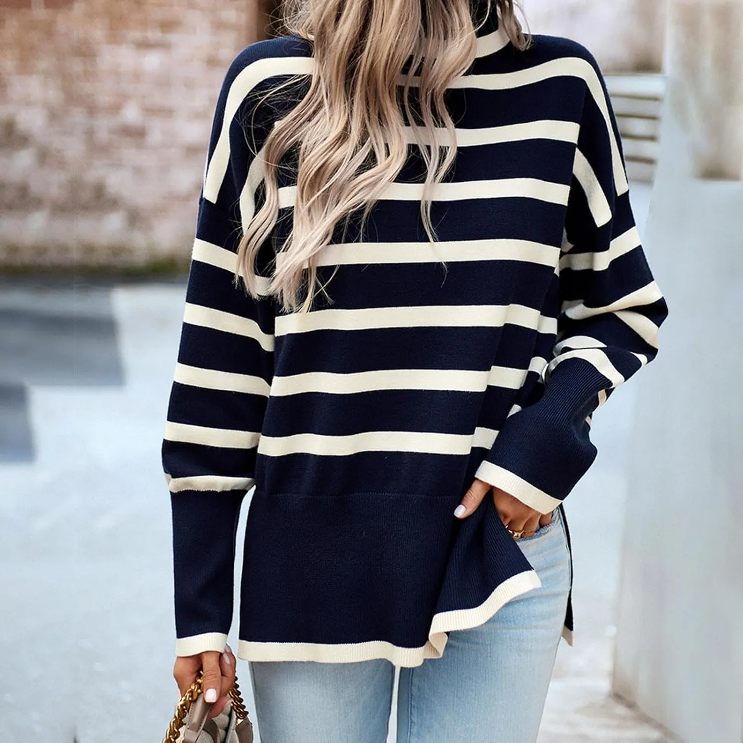 Women's Trendy Fall Winter Striped Long Sleeve Turtleneck Side Slits Sweater Knit Casual Oversized Loose Pullover Tops