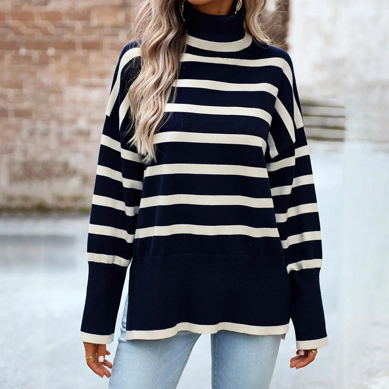 Women's Trendy Fall Winter Striped Long Sleeve Turtleneck Side Slits Sweater Knit Casual Oversized Loose Pullover Tops