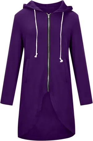Women's Tunic Long Length Full Zip Hooded Jacket, Womens Casual Drawstring Zip Up Long Hoodies Sweatshirt with Pockets