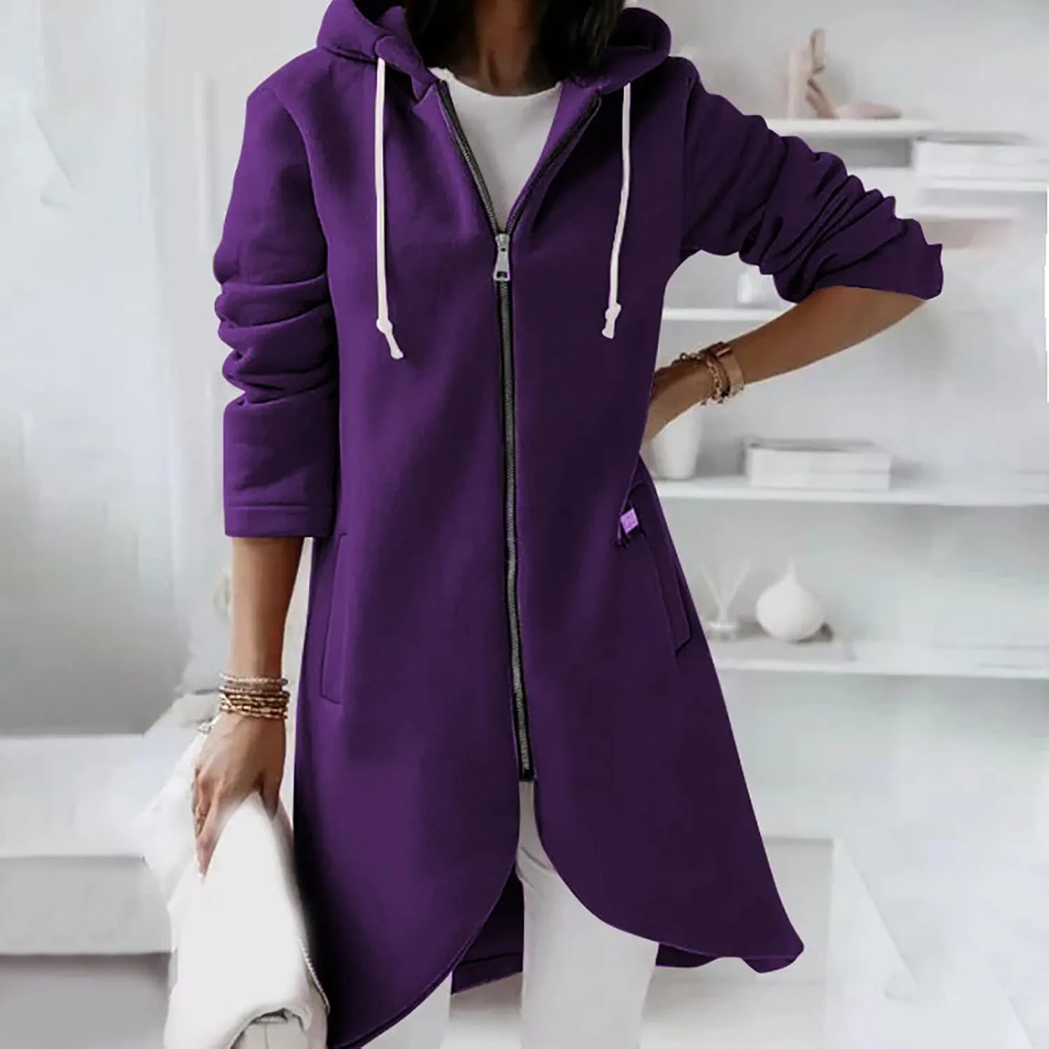 Women's Tunic Long Length Full Zip Hooded Jacket, Womens Casual Drawstring Zip Up Long Hoodies Sweatshirt with Pockets