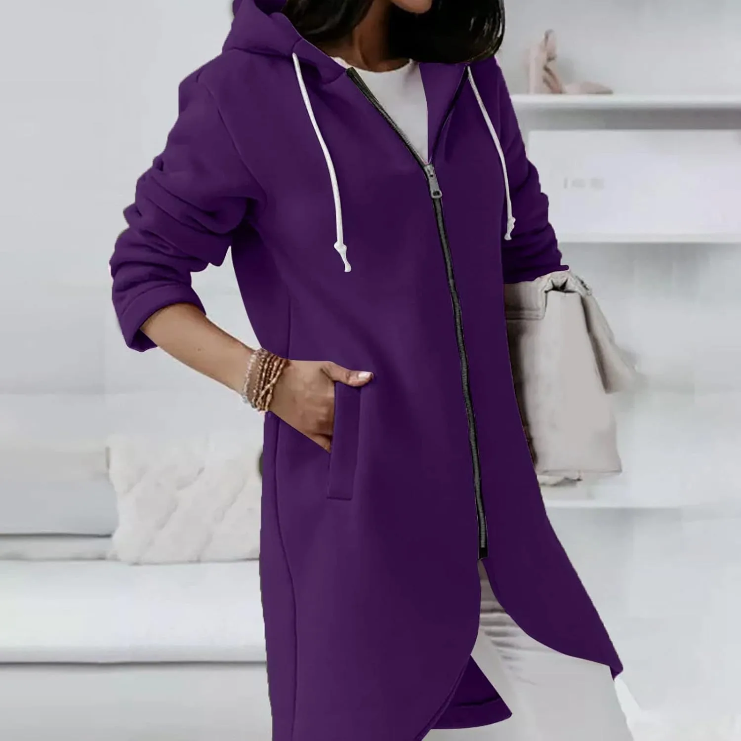 Women's Tunic Long Length Full Zip Hooded Jacket, Womens Casual Drawstring Zip Up Long Hoodies Sweatshirt with Pockets