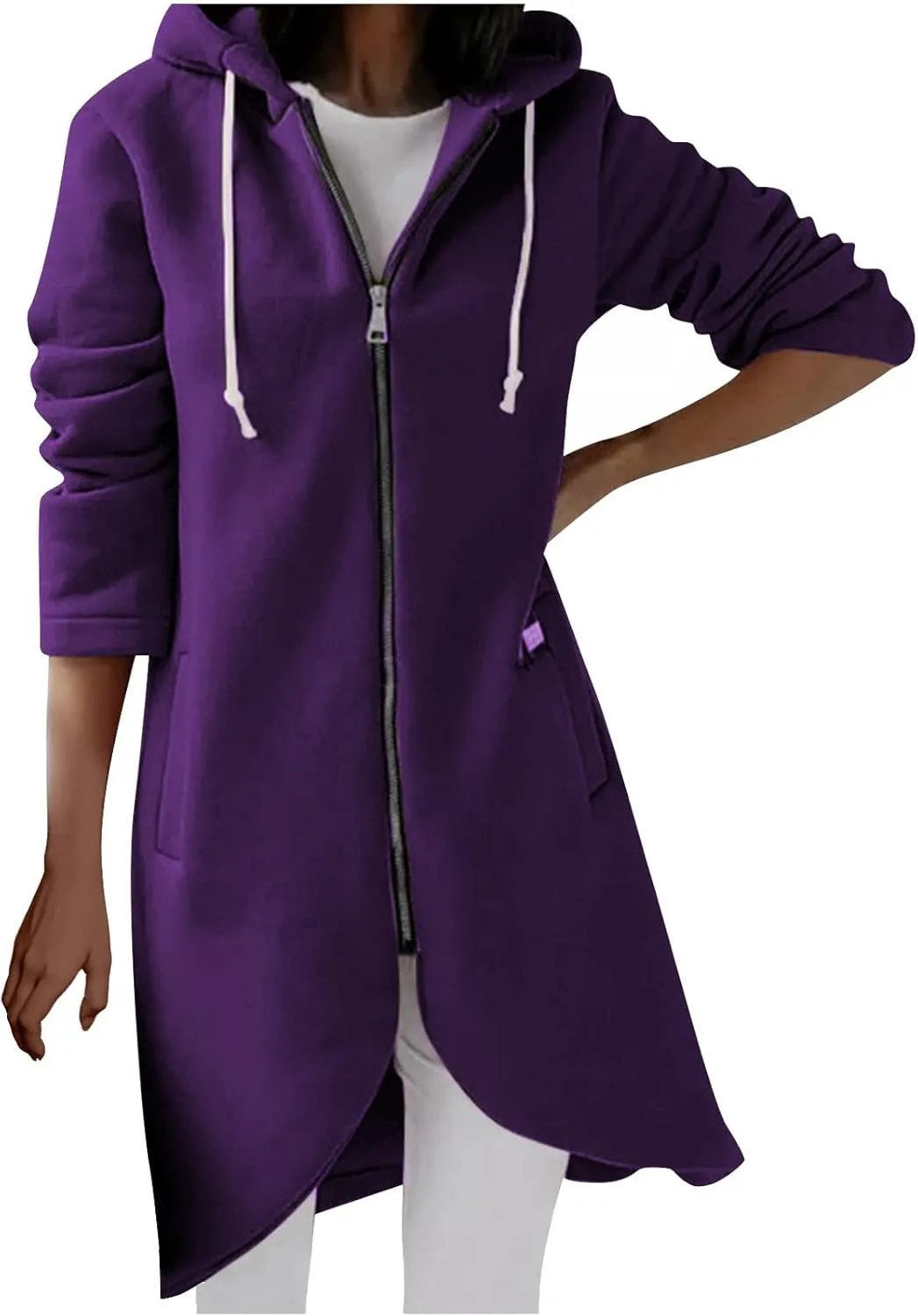 Women's Tunic Long Length Full Zip Hooded Jacket, Womens Casual Drawstring Zip Up Long Hoodies Sweatshirt with Pockets