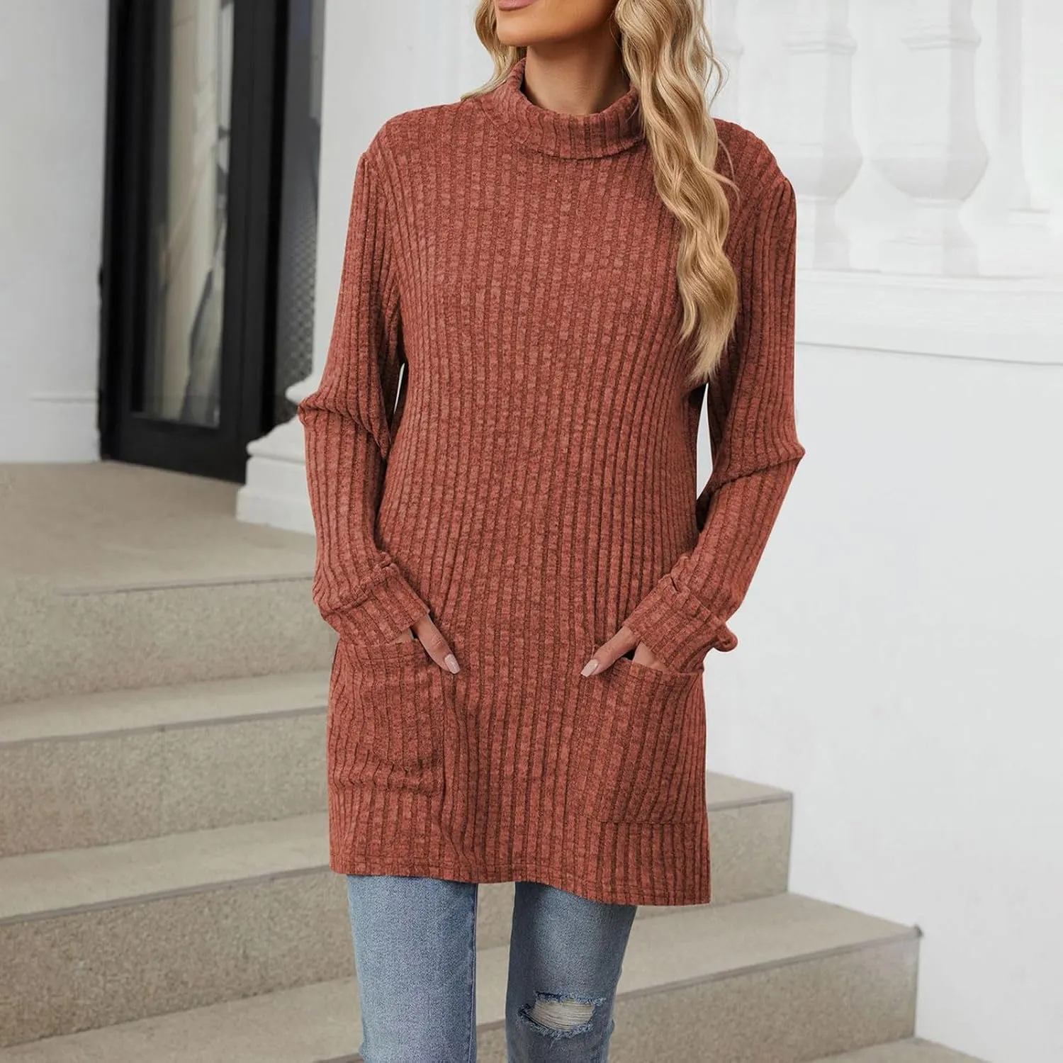 Womens Tunic Tops Sweater Turtleneck Long Sleeve Shirts Oversized Sweaters Pullover with Pockets Fall Fashion 2024