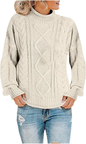 Women's Turtleneck Long Sleeve Loose Oversized Chunky Knitted Pullover Sweater Jumper Tops Fall Casual Solid Sweaters