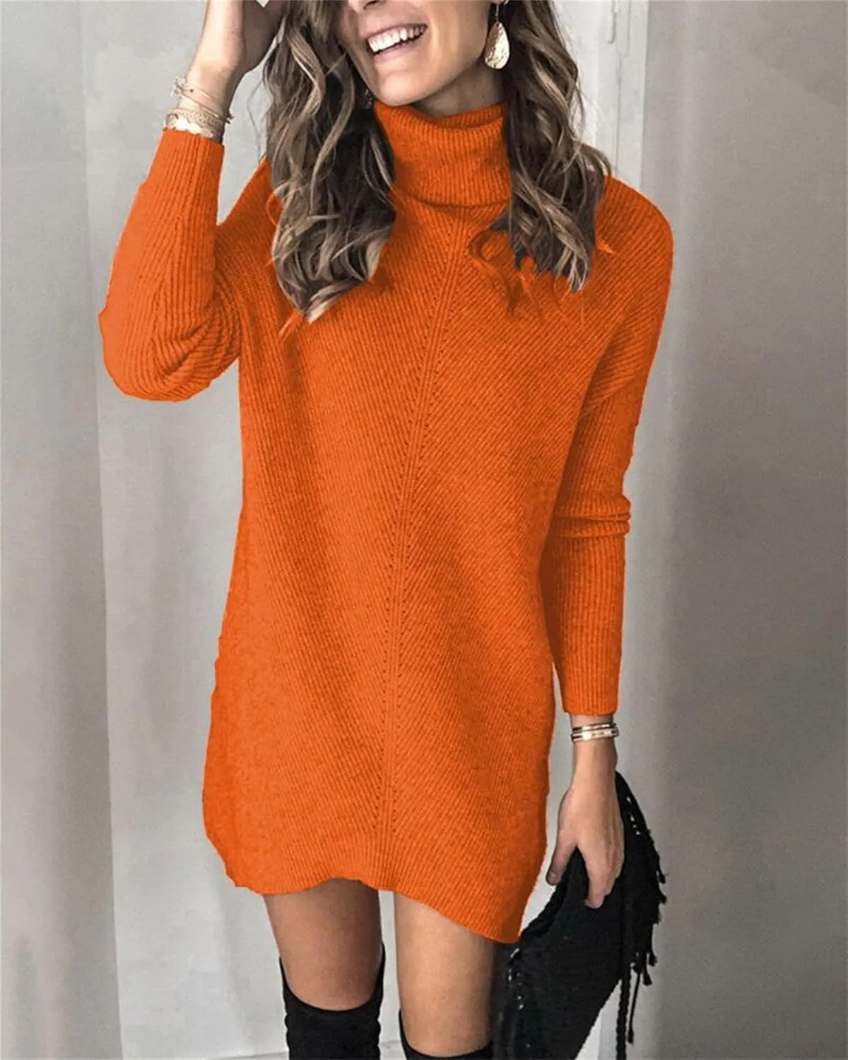 Womens Turtleneck Long Sleeve Pullover Sweater Dress Fall Winter Long Tunic Ribbed Knit Sweaters Warm Knitting Tops