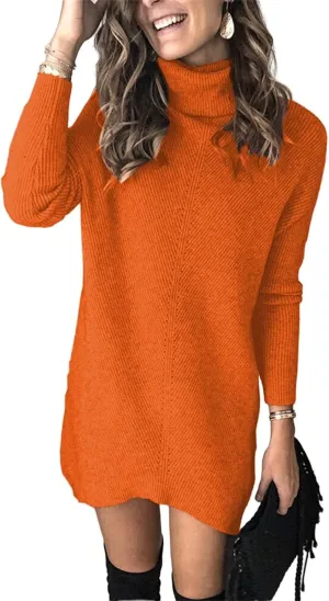 Womens Turtleneck Long Sleeve Pullover Sweater Dress Fall Winter Long Tunic Ribbed Knit Sweaters Warm Knitting Tops
