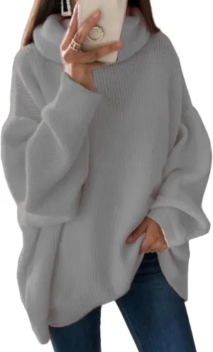 Women's Turtleneck Oversized Sweaters Batwing Chunky Pullover Sweater Casual Fall Loose Knit Jumper Tops