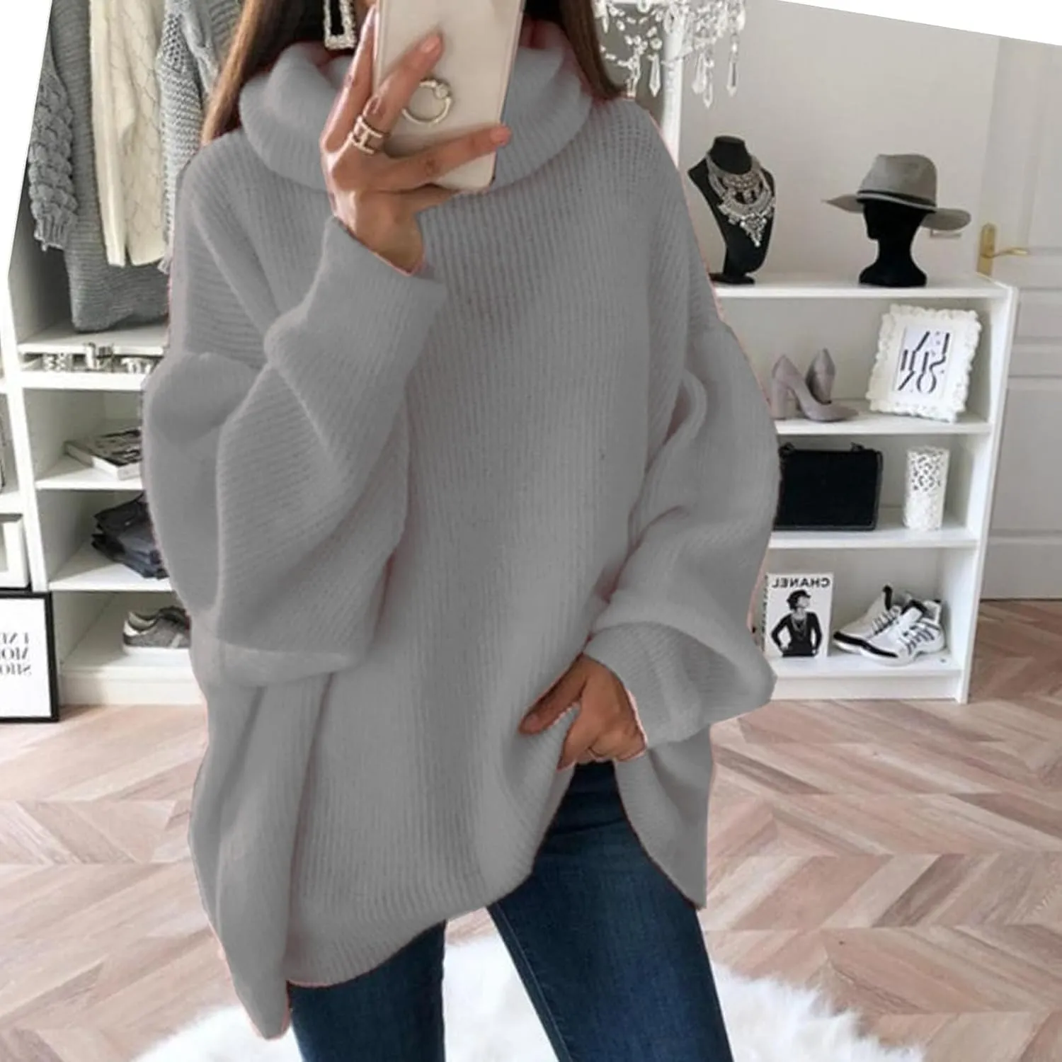 Women's Turtleneck Oversized Sweaters Batwing Chunky Pullover Sweater Casual Fall Loose Knit Jumper Tops