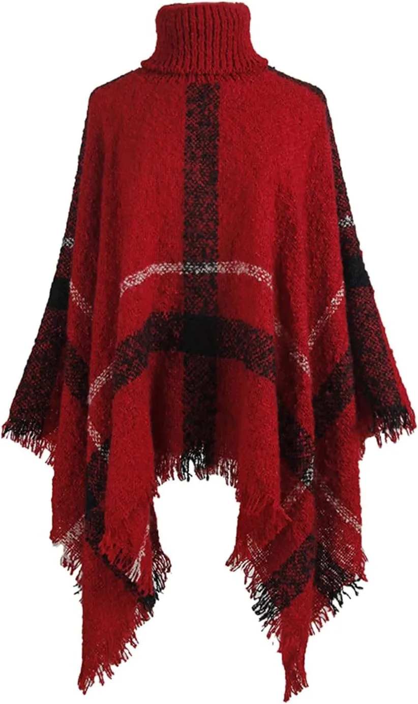 Womens Turtleneck Ponchos Sweater Versatile Lightweight Striped Knit Shawl Wraps Scarf Raw Hem Pullover Tops Cape Gift