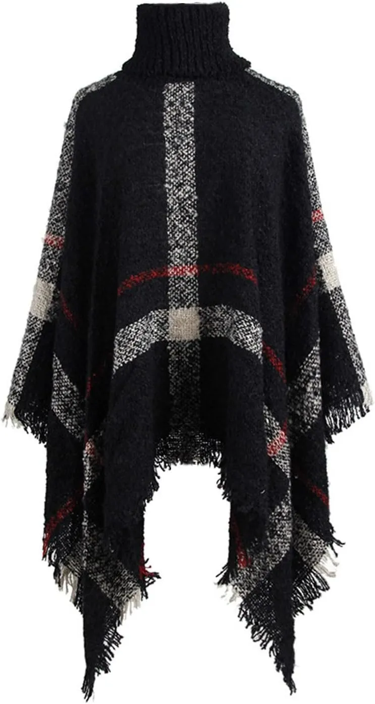 Womens Turtleneck Ponchos Sweater Versatile Lightweight Striped Knit Shawl Wraps Scarf Raw Hem Pullover Tops Cape Gift